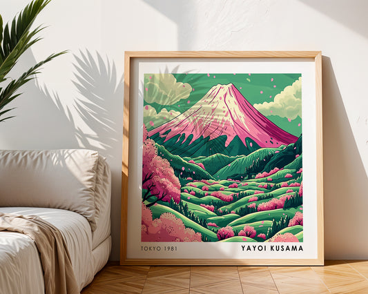 Yayoi Kusama Inspired Pink Mount Fuji Print | Cherry Blossom Japanese Landscape Wall Art