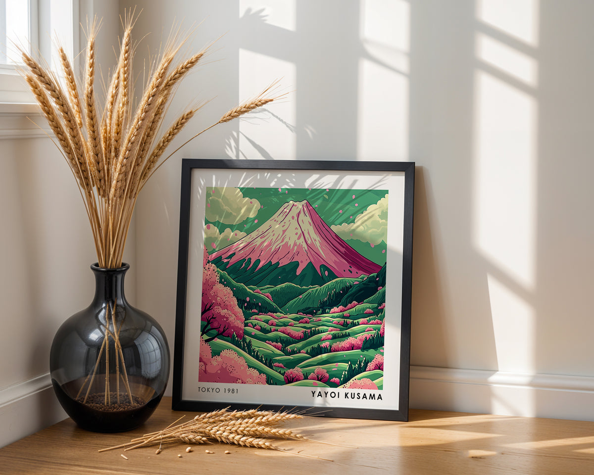Yayoi Kusama Inspired Pink Mount Fuji Print | Cherry Blossom Japanese Landscape Wall Art