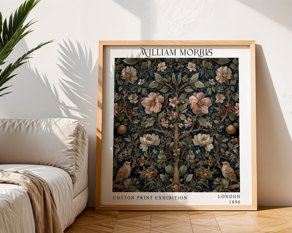 William Morris Style Birds & Blossom Print – Dark Botanical Square Wall Art