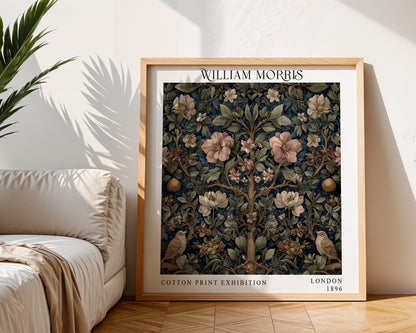 William Morris Style Birds & Blossom Print – Dark Botanical Square Wall Art