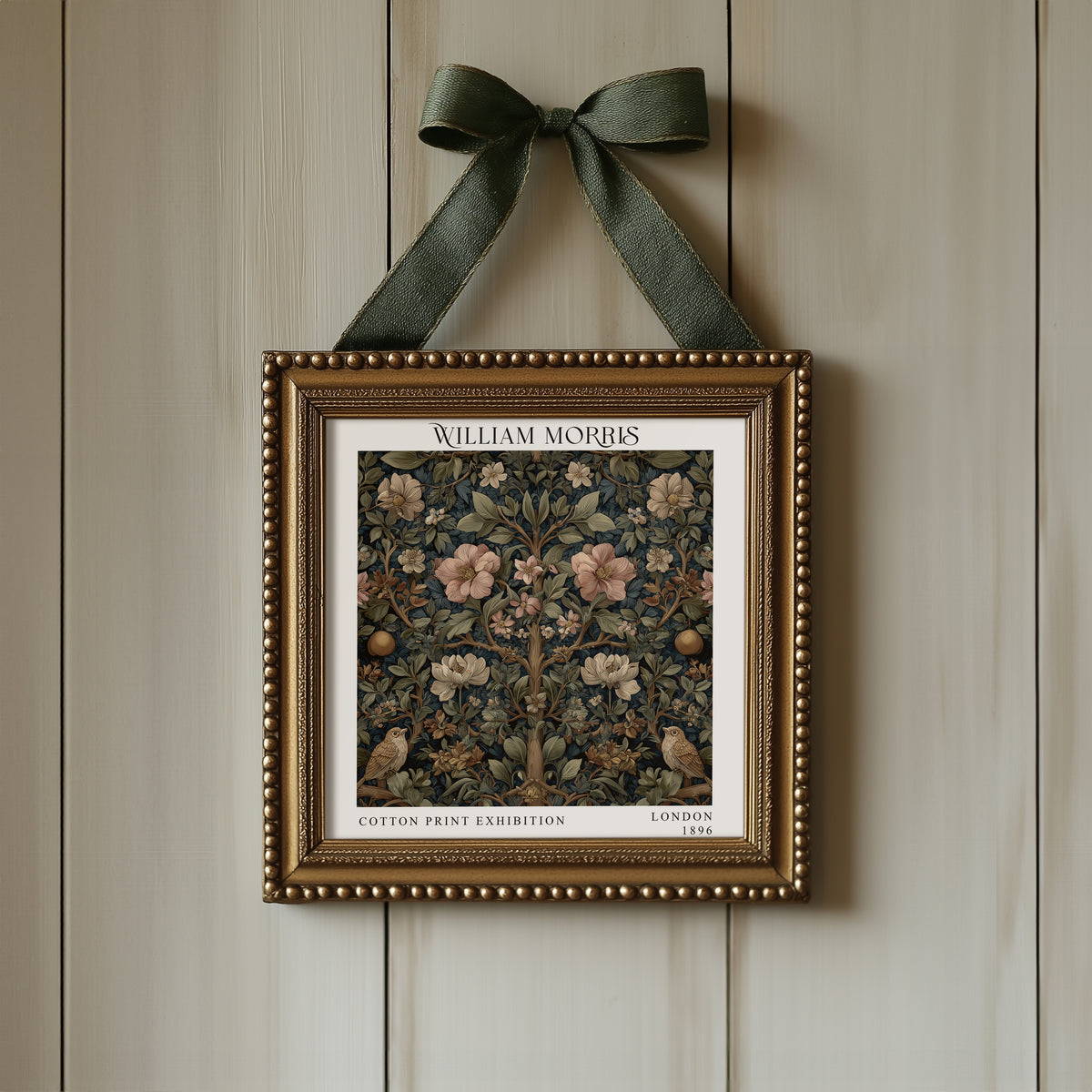 William Morris Style Birds & Blossom Print – Dark Botanical Square Wall Art
