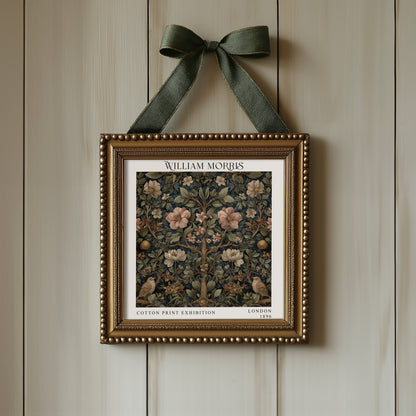 William Morris Style Birds & Blossom Print – Dark Botanical Square Wall Art