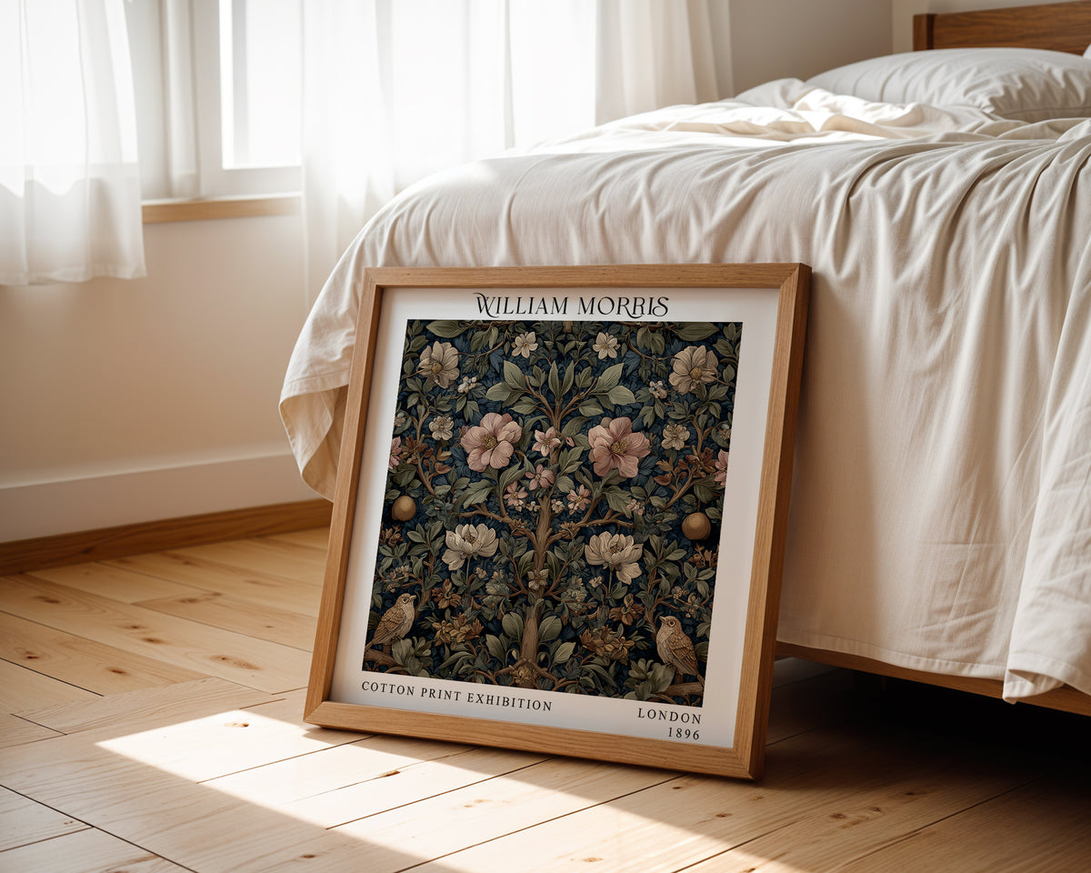 William Morris Style Birds & Blossom Print – Dark Botanical Square Wall Art