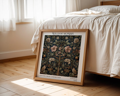 William Morris Style Birds & Blossom Print – Dark Botanical Square Wall Art