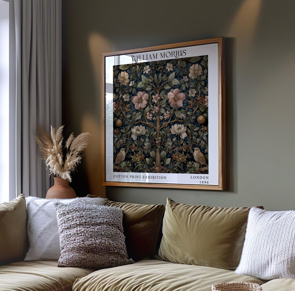 William Morris Style Birds & Blossom Print – Dark Botanical Square Wall Art