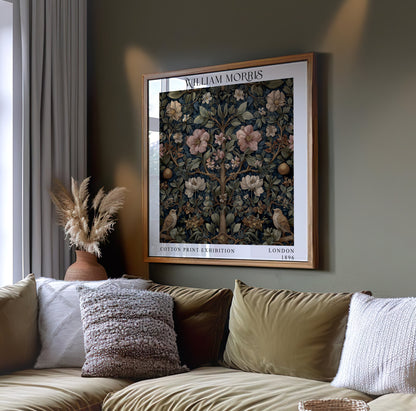 William Morris Style Birds & Blossom Print – Dark Botanical Square Wall Art