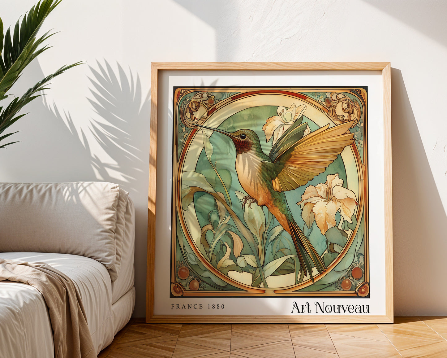 Humming Bird Art Nouveau Print - Art Deco Poster - Vintage Floral Wall Art