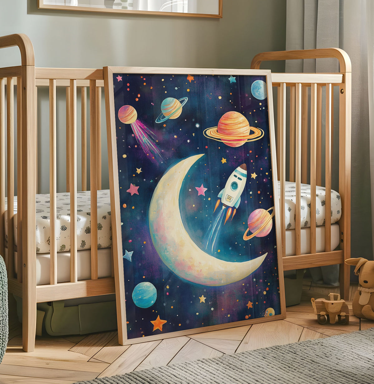 Colourful space nursery wall art with crescent moon rocket planets and stars