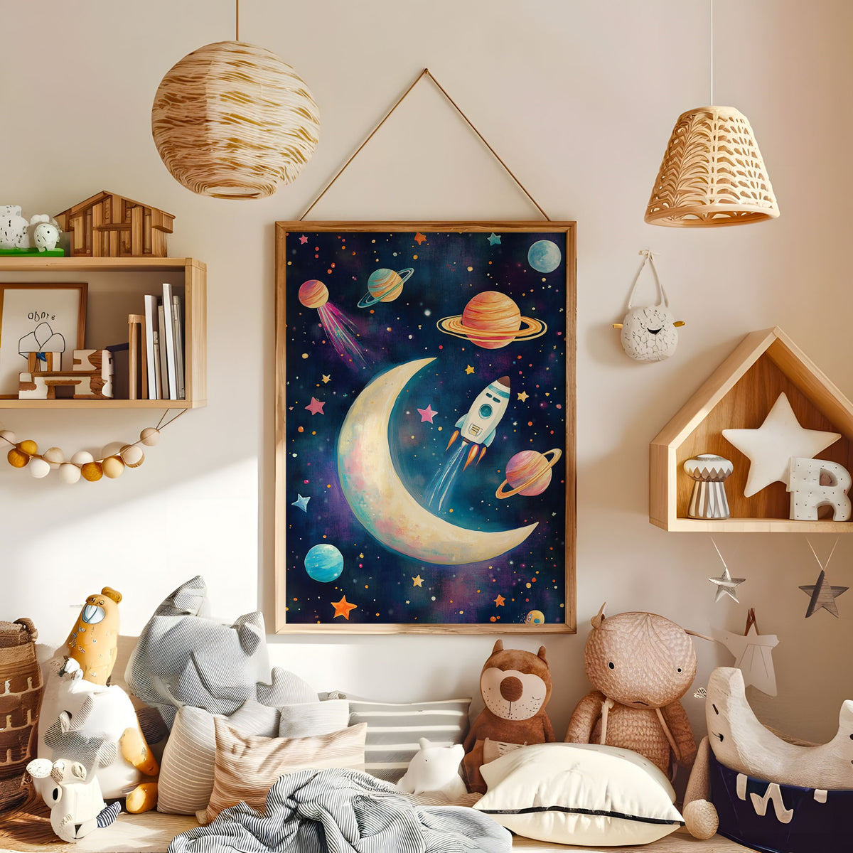 Colourful space rocket moon and planets wall art in a warm kids bedroom