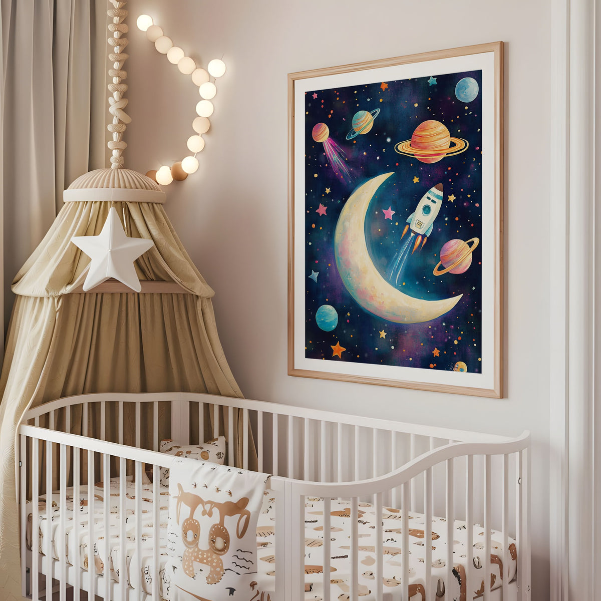 Space nursery wall art with crescent moon rocket and colourful planets displayed above a cot