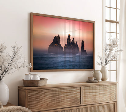 Rocky Sunset Print, Ocean Seascape Photography Wall Art Poster, Coastal Decor