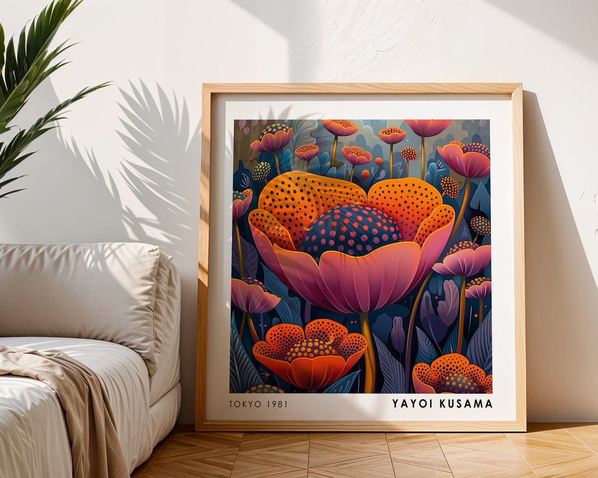 Yayoi Kusama Inspired Orange Polka Dot Flower Print | Colourful Japanese Floral Wall Art