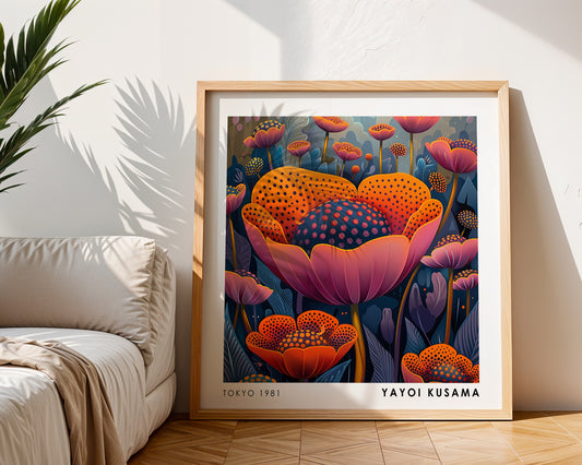 Yayoi Kusama Inspired Orange Polka Dot Flower Print | Colourful Japanese Floral Wall Art