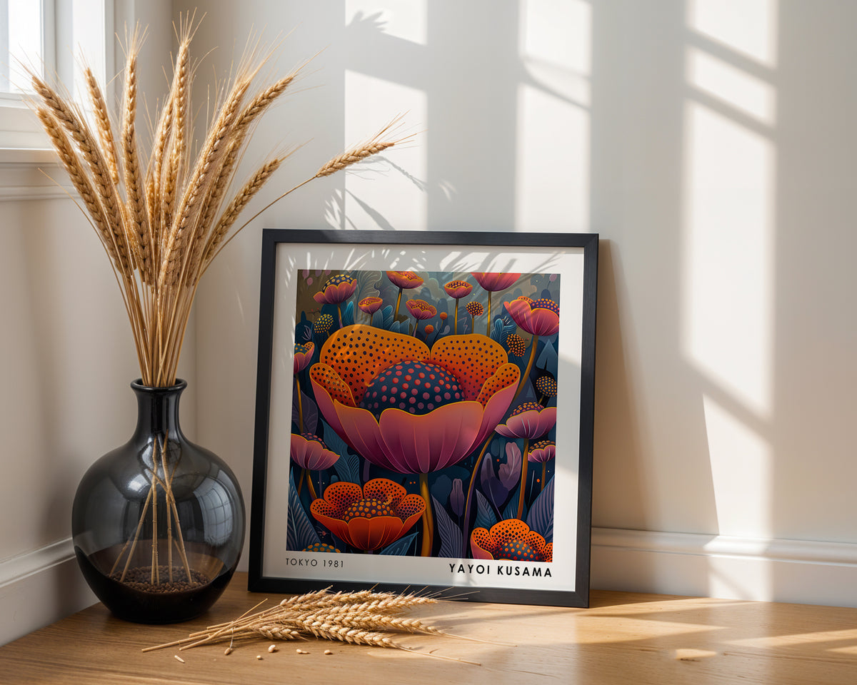 Yayoi Kusama Inspired Orange Polka Dot Flower Print | Colourful Japanese Floral Wall Art