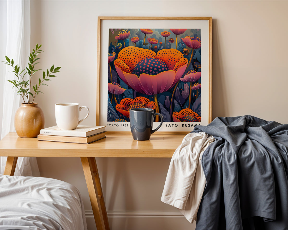 Yayoi Kusama Inspired Orange Polka Dot Flower Print | Colourful Japanese Floral Wall Art