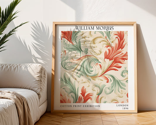 William Morris Style Acanthus Print – Coral & Sage Square Wall Art