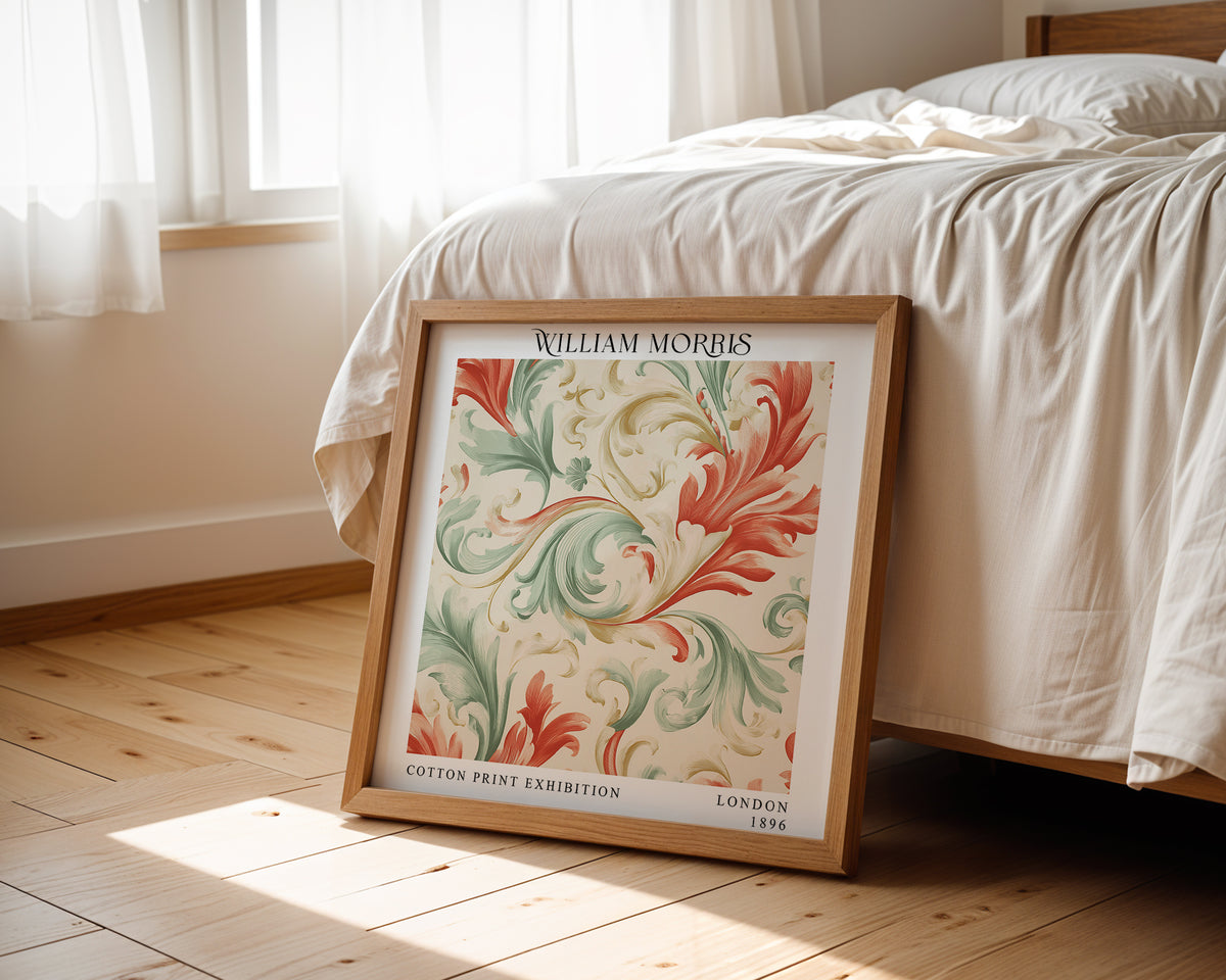 William Morris Style Acanthus Print – Coral & Sage Square Wall Art