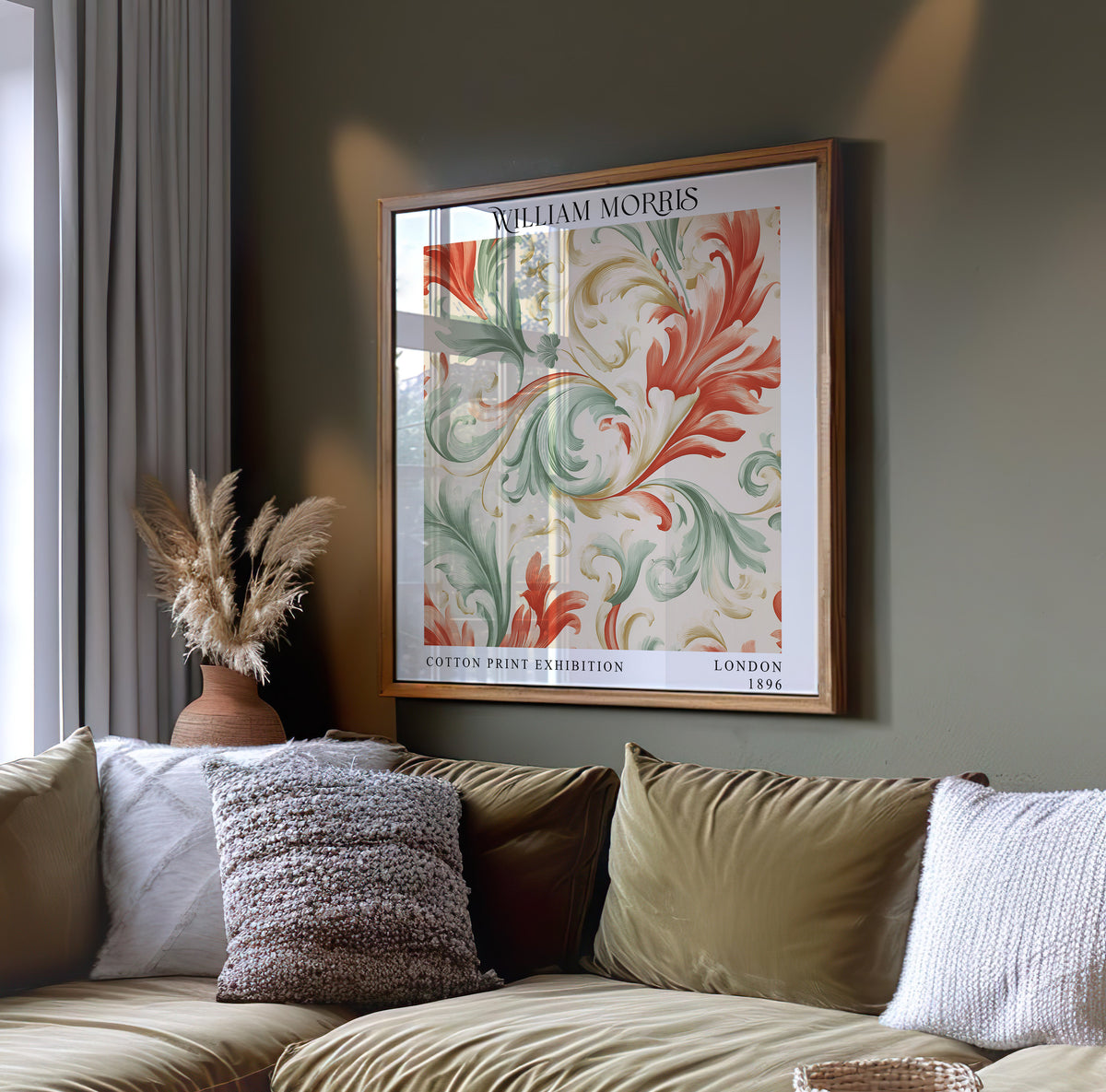 William Morris Style Acanthus Print – Coral & Sage Square Wall Art