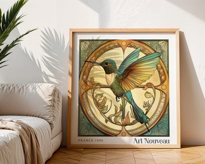 Humming Bird Art Nouveau Print - Vintage Floral Wall Art  - Art Deco Poster