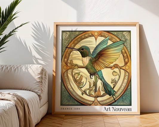 Humming Bird Art Nouveau Print - Vintage Floral Wall Art  - Art Deco Poster
