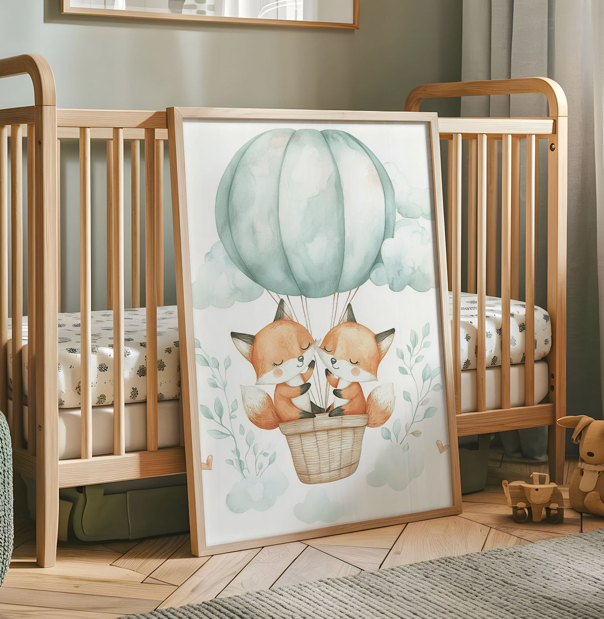 Two foxes in a mint hot air balloon nursery wall art with clouds and leaves