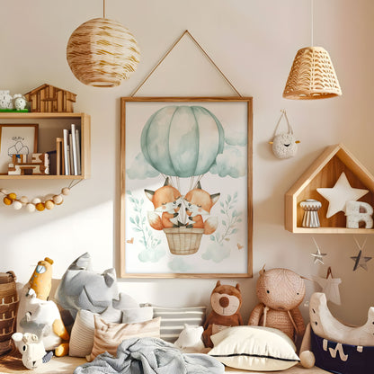 Watercolour foxes in mint hot air balloon nursery wall art in a warm kids bedroom