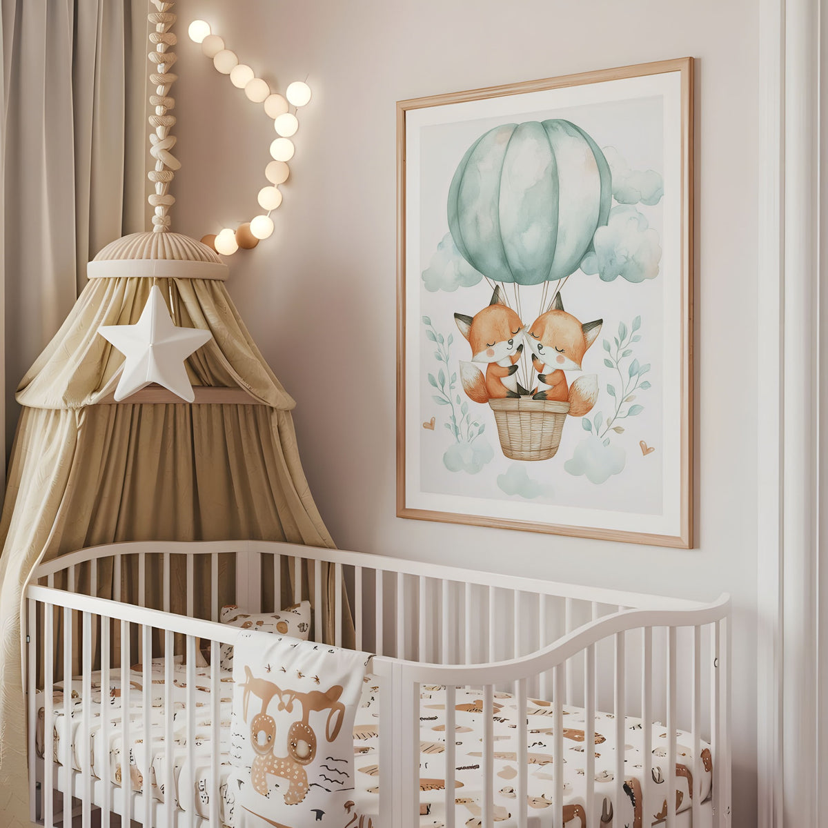 Fox hot air balloon nursery wall art displayed above a cot
