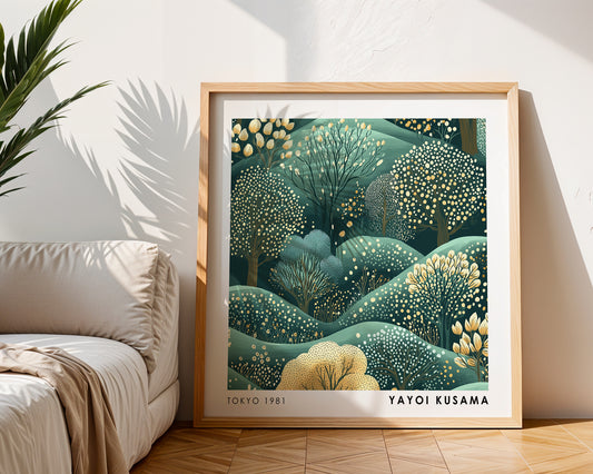 Yayoi Kusama Inspired Dotted Forest Landscape Print | Japanese Green Botanical Wall Art