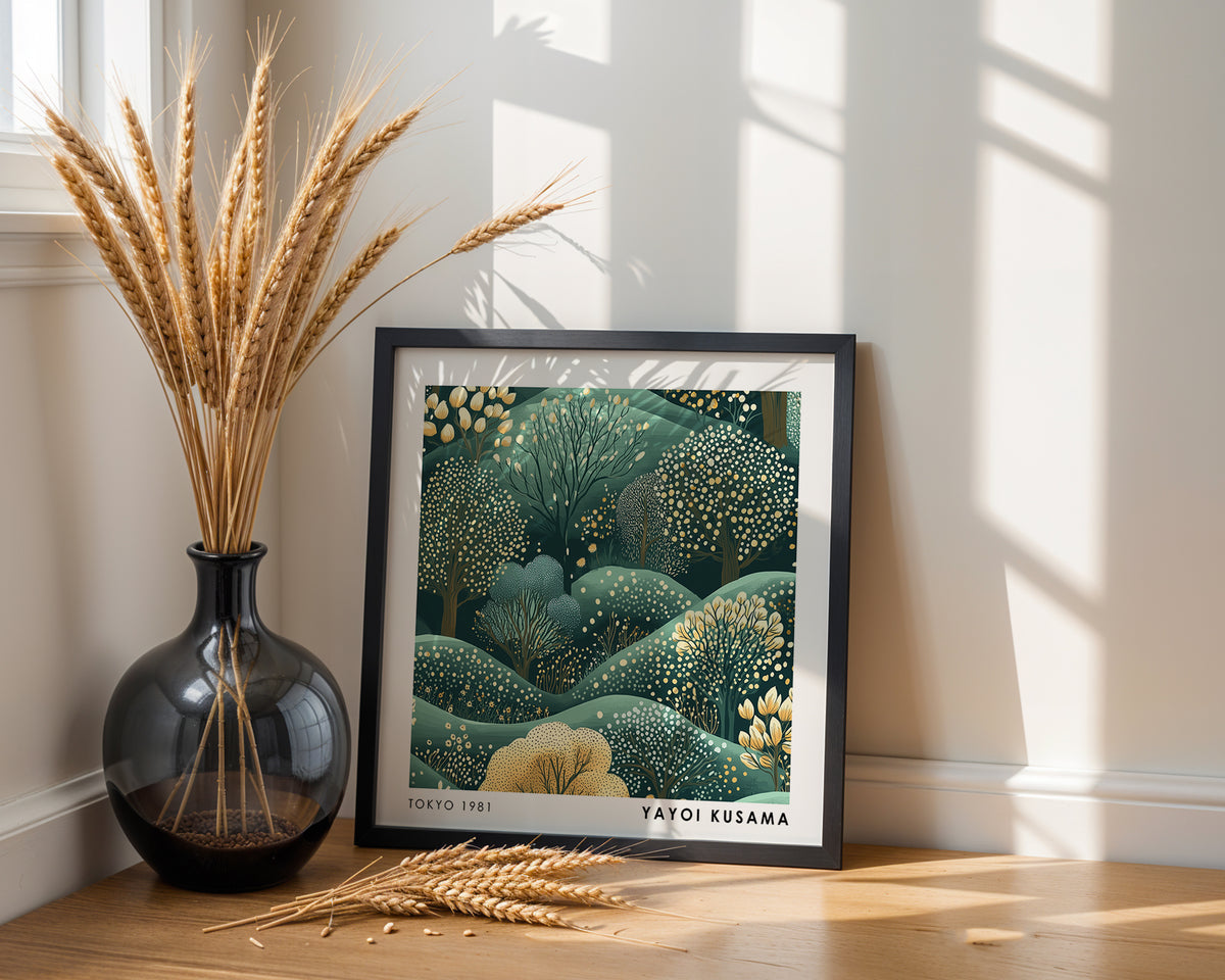 Yayoi Kusama Inspired Dotted Forest Landscape Print | Japanese Green Botanical Wall Art