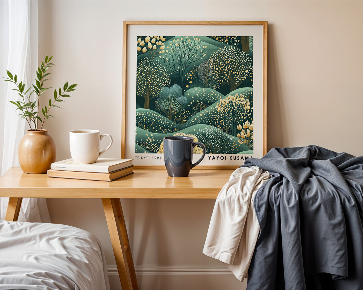 Yayoi Kusama Inspired Dotted Forest Landscape Print | Japanese Green Botanical Wall Art
