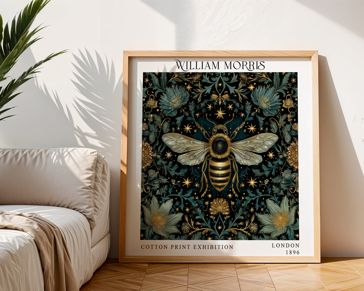 William Morris Style Bee Print – Dark Botanical Square Wall Art