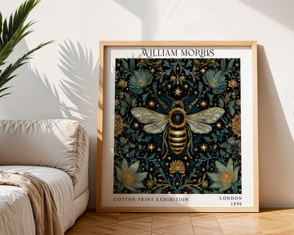 William Morris Style Bee Print – Dark Botanical Square Wall Art