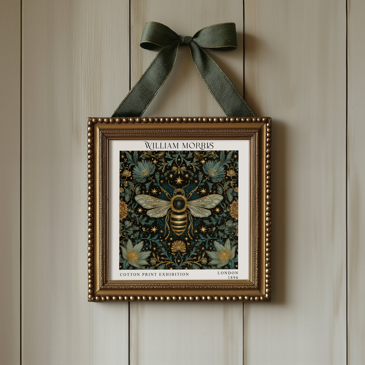 William Morris Style Bee Print – Dark Botanical Square Wall Art