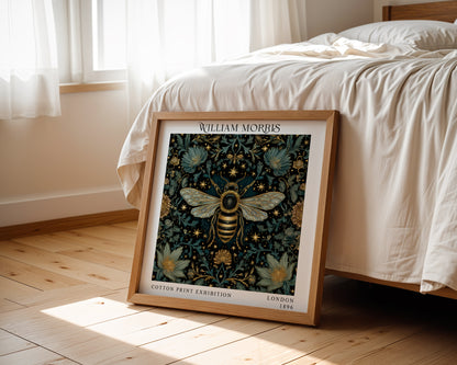 William Morris Style Bee Print – Dark Botanical Square Wall Art