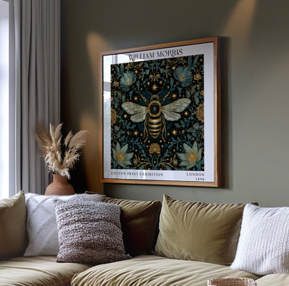 William Morris Style Bee Print – Dark Botanical Square Wall Art