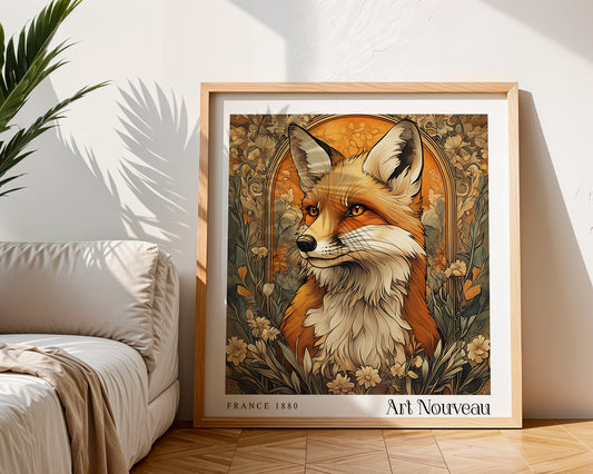 Fox Art Nouveau Print - Vintage Floral Wall Art  - Art Deco Poster