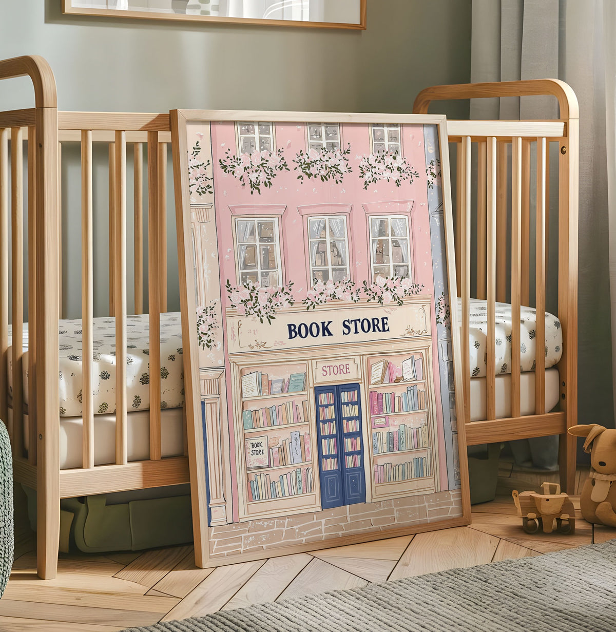 Pink bookshop nursery wall art with floral windows and shelves of books