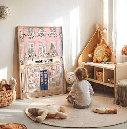 Pink floral bookshop nursery print displayed in a bright child's room