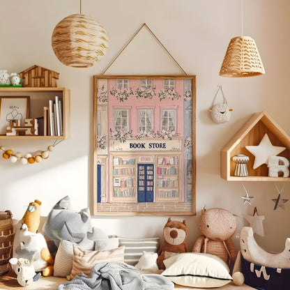 Pastel pink bookshop wall art with books and flowers in a warm kids bedroom