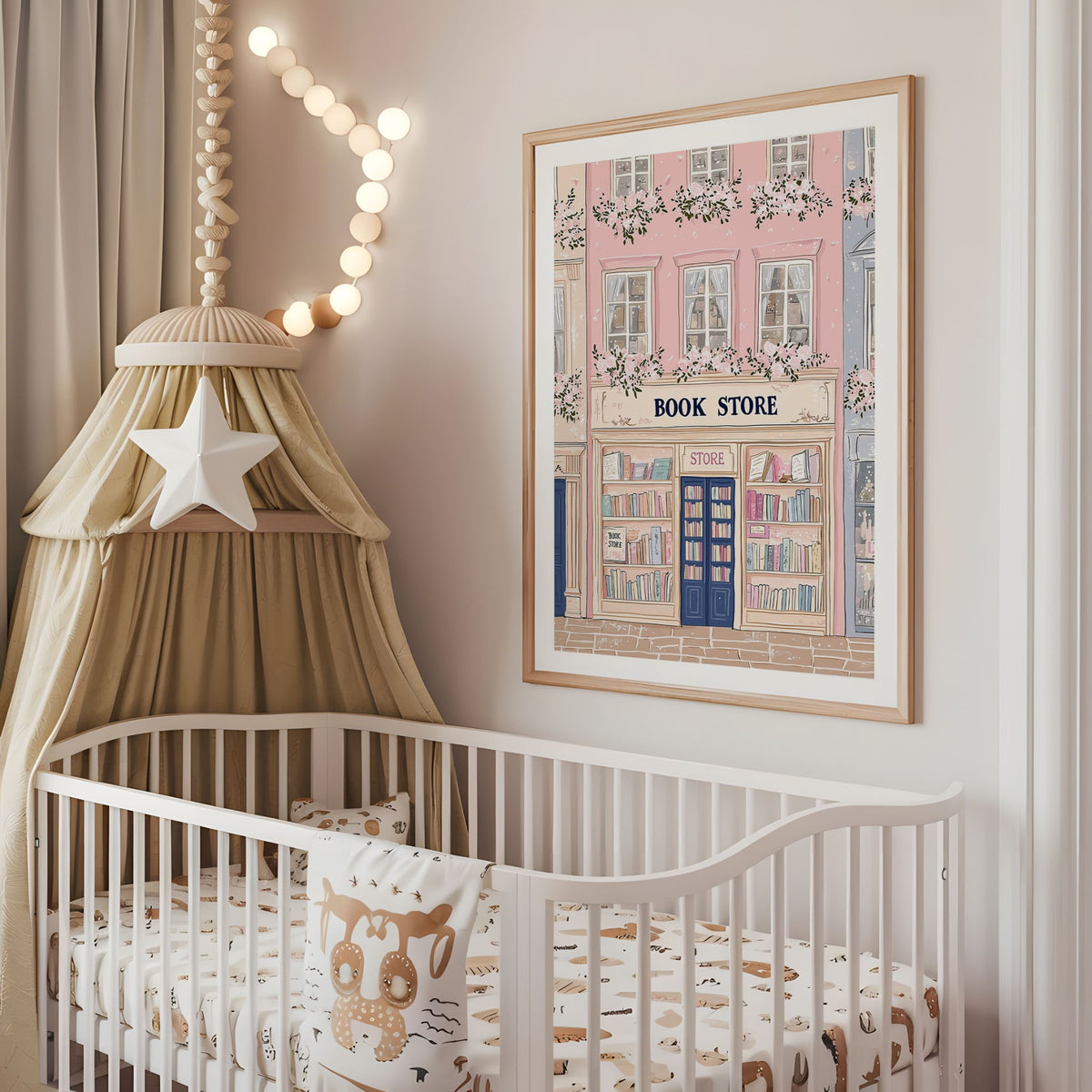 Pink bookshop nursery wall art displayed above a cot