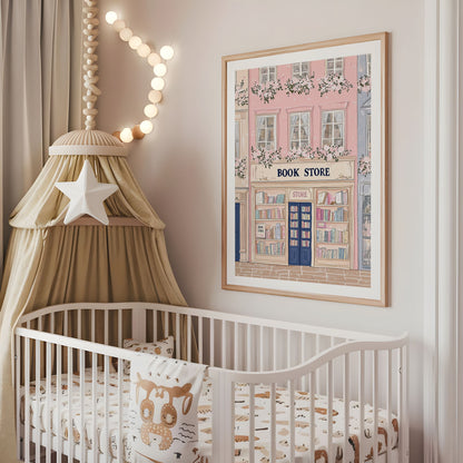Pink bookshop nursery wall art displayed above a cot