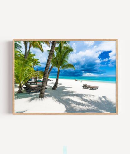 Palm Tree Beach Print, Tropical Ocean Photography Wall Art Poster, Coastal Holiday Decor