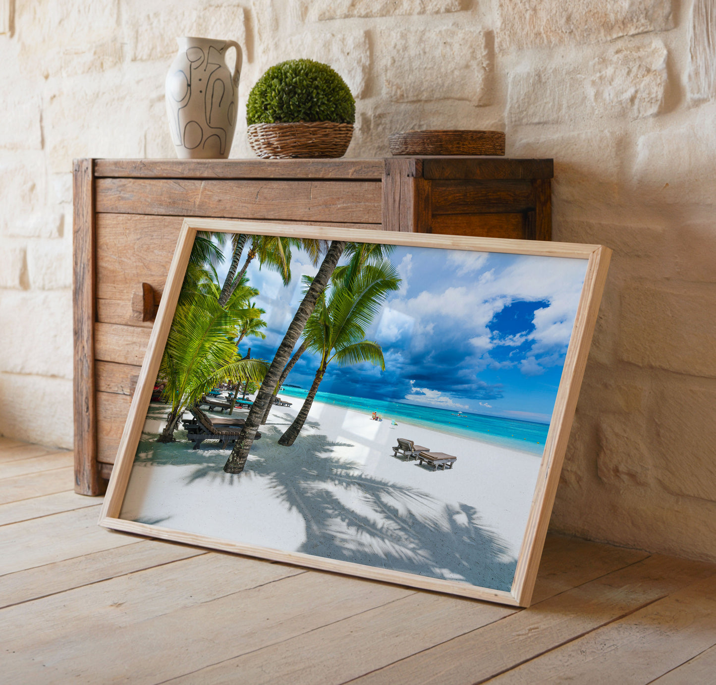 Palm Tree Beach Print, Tropical Ocean Photography Wall Art Poster, Coastal Holiday Decor