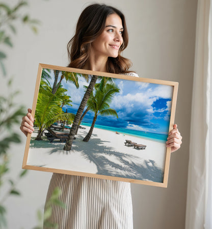 Palm Tree Beach Print, Tropical Ocean Photography Wall Art Poster, Coastal Holiday Decor
