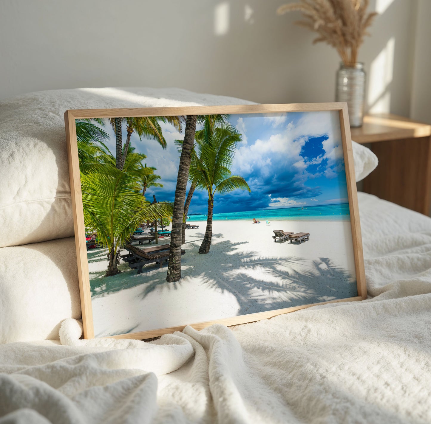 Palm Tree Beach Print, Tropical Ocean Photography Wall Art Poster, Coastal Holiday Decor