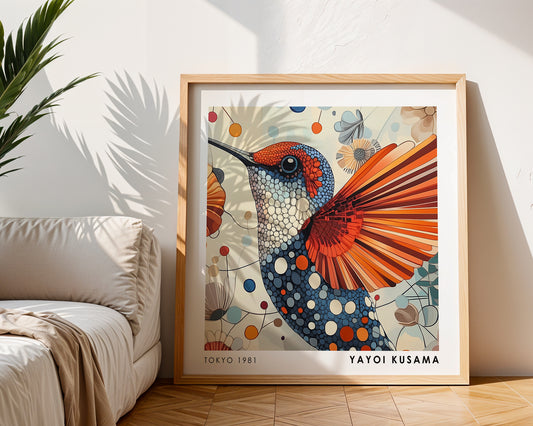 Yayoi Kusama Inspired Hummingbird Print | Colourful Japanese Bird Wall Art