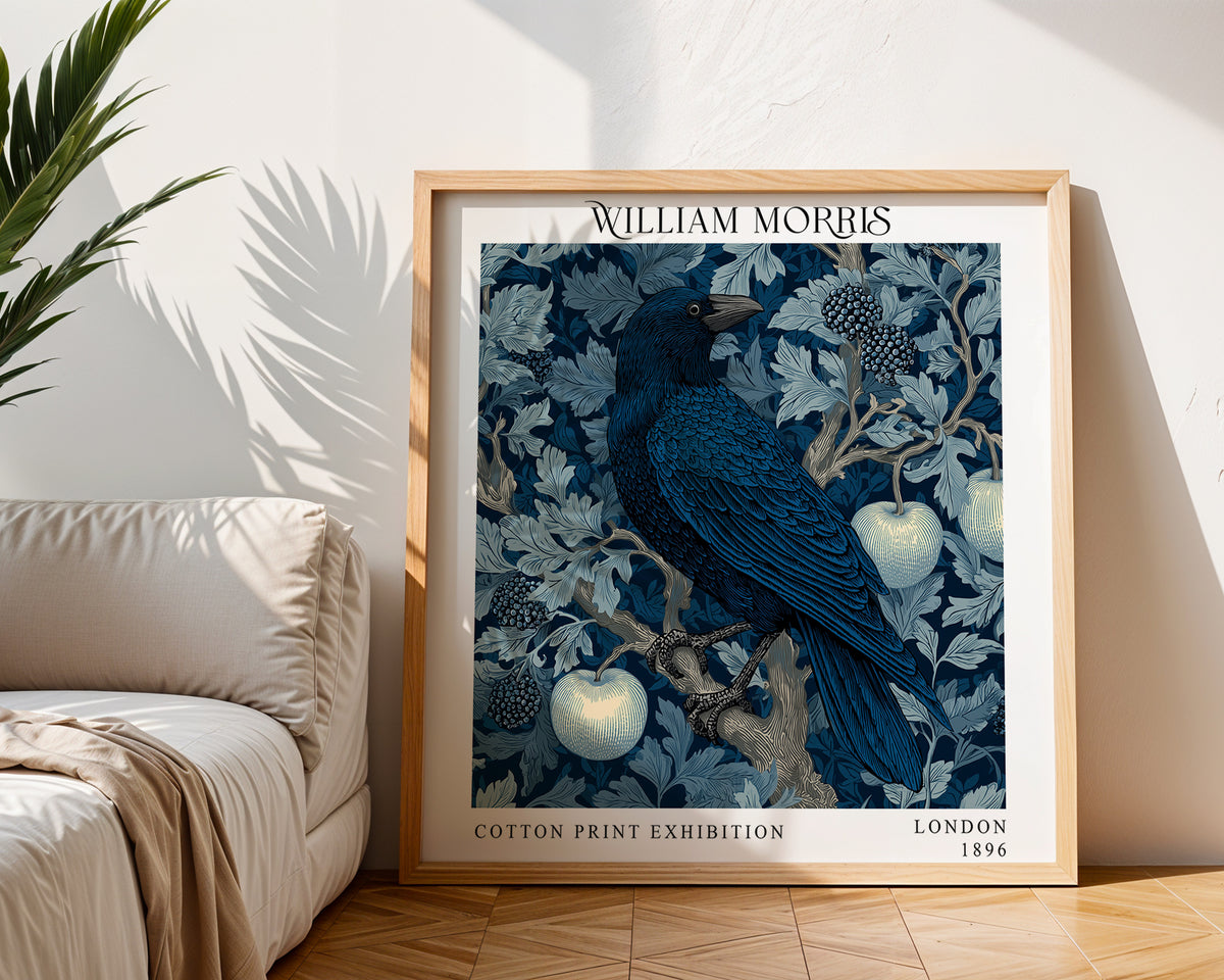 William Morris Style Raven & Apple Print – Blue Botanical Square Wall Art