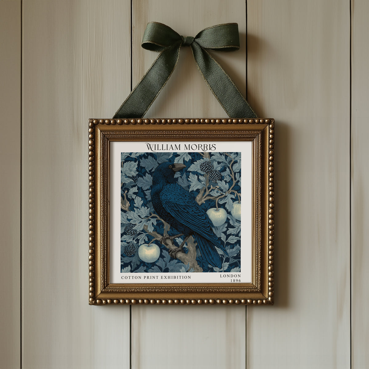William Morris Style Raven & Apple Print – Blue Botanical Square Wall Art