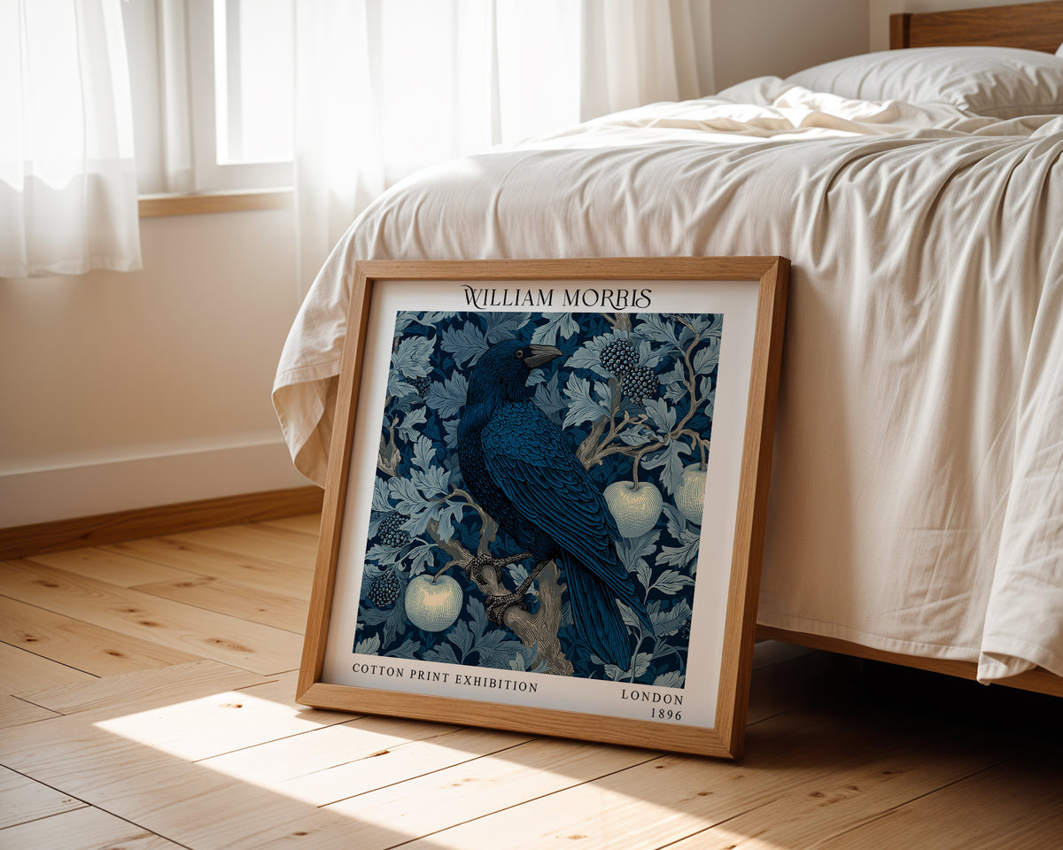 William Morris Style Raven & Apple Print – Blue Botanical Square Wall Art