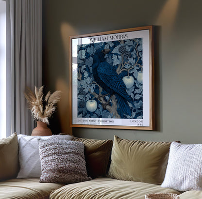 William Morris Style Raven & Apple Print – Blue Botanical Square Wall Art